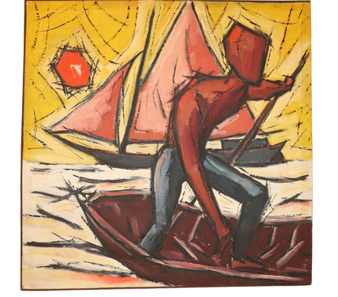 Abstract Oil on Canvas Signed Man in Boat in Rough Seas (1 of 4)