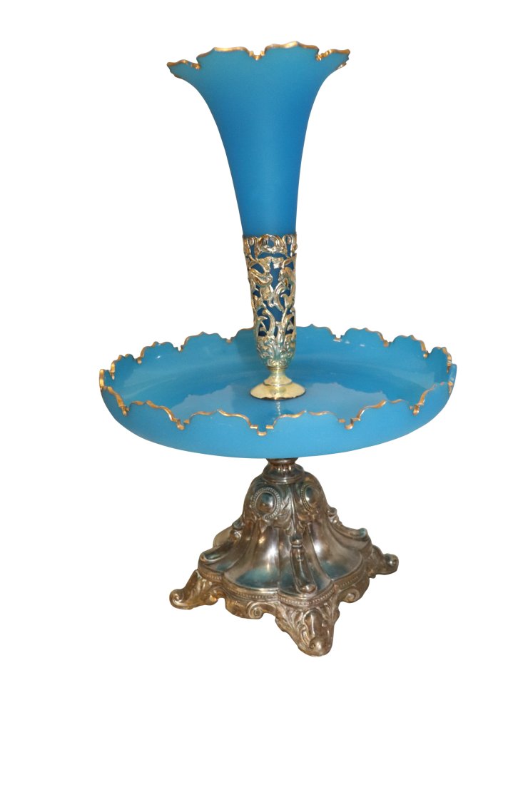 Art Nouveau Art Glass Epergne: Art Nouveau Art Glass Epergne with beautiful Turquoise glass, and Silver plate hollowware base. Signed M.A Jurst. Dimensions: 19 inches high x 12 inches at widest point Please refer to photos for more