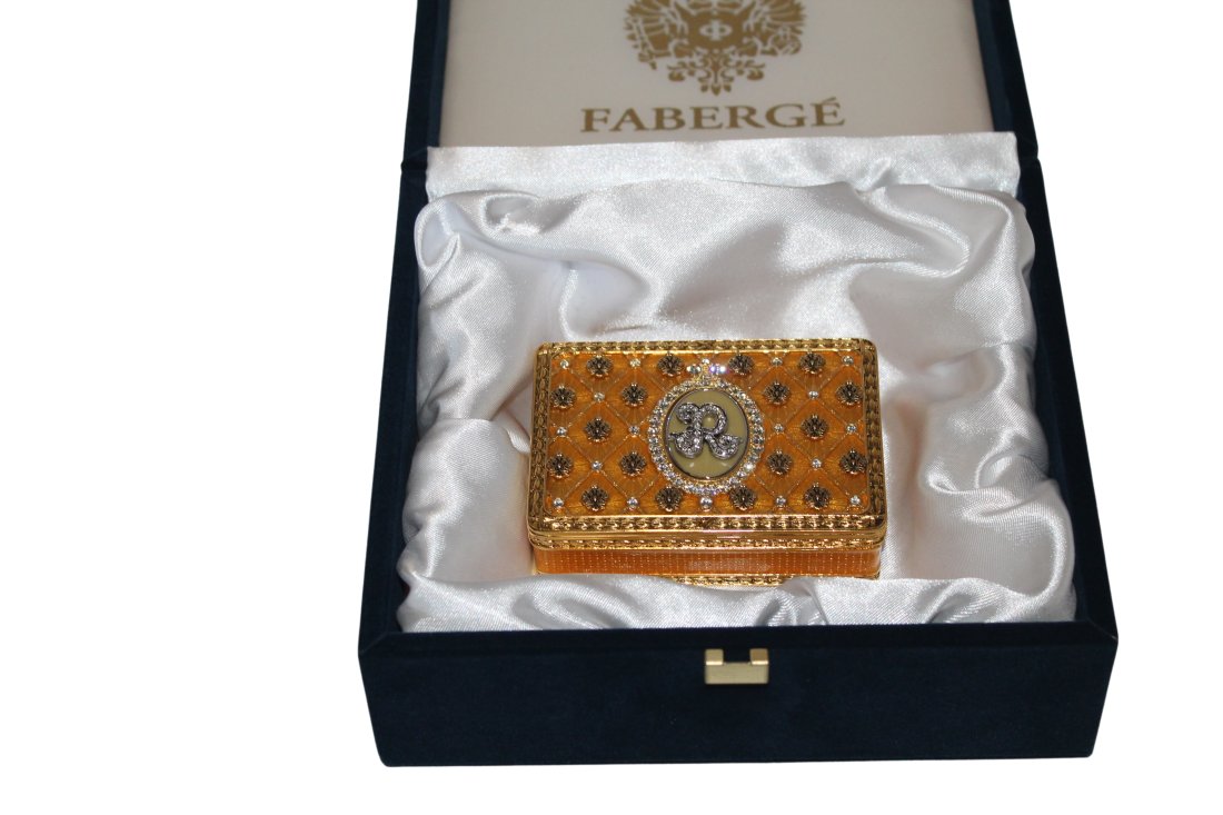 Faberge Initialed Trinket Box: Faberge Initialed trinket Box Dimensions: 3 1/2 inches x 2 1/2 inches x 1 inch Please refer to photos for more details. click on photo and expand so see more detail condition CONDITION Please inspect 