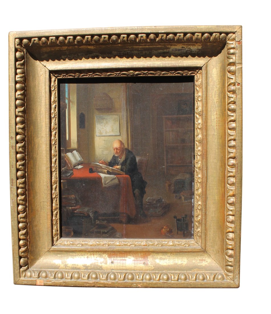 Antique Oil on Panel Old Man Working By Window. (1 of 5)