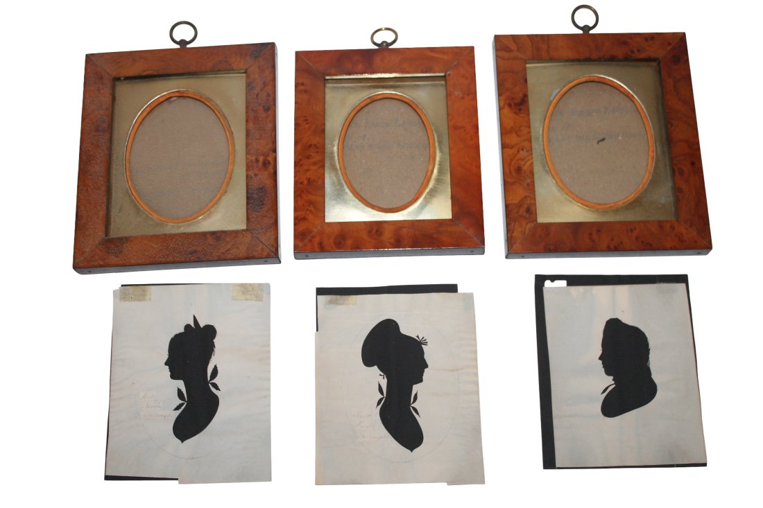 Collection of 8 Antique Silhouettes and frames: Collection of 8 Antique Silhouettes and frames from late 1800's. Family information on the Silhouette is on back of watch frame. Dimensions: Frames measure 5.5 inches x 4.75 inches. Art measure 5 inch