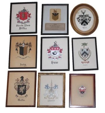 Collection 9 Framed Coat of Arms: Collection 9 Framed Coat of Arms . Lippincott, Langdon, Westcote, Kirkpatrick, Sir Guy Bryan K.G, Blanch Lloyd Dilks, Griffin, Farley. Dimensions: 9.5 inches x 7.5 inches, 10 inches x 7.5 inches, 11 i