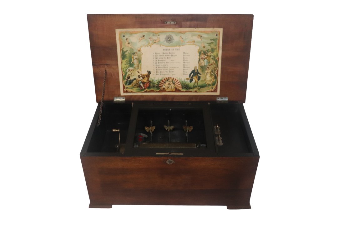 Swiss Music Box - Antique Bells in Vue: SWISS Ten Tune CYLINDER MUSIC BOX WITH BELLS, rectangular inlaid mahogany case with end handles, lithographed tune card to underside of lid, inside crank, comb with 42 of 43 teeth, 6 1/8" L cylinder, 
