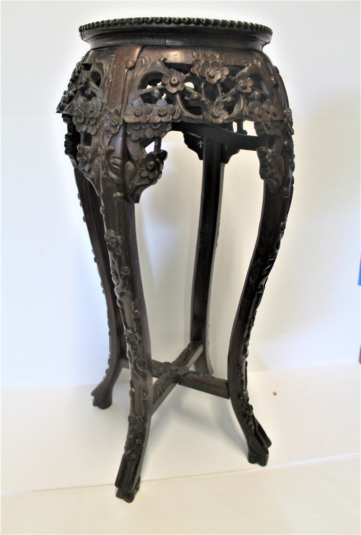 Chinese Marble Top Carved Wood Pedestal Stand. (1 of 3)
