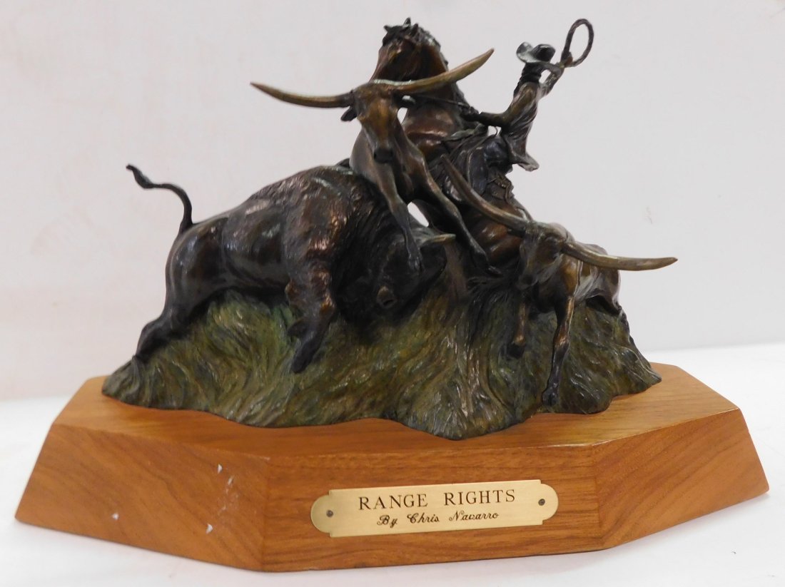 Chris Navarro Signed Sculpture - Range Rights: Chris Navarro Signed western Sculpture on wood base. Tilted Range Rightsd. CHRIS NAVARRO is a true Wyoming Cowboy, Team Roper, Former Rodeo and Bronco Rider who became a self-educated Award Winning Br