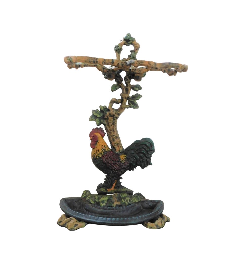 Vintage Cast Iron Rooster Umbrella Stand: Rooster Cast Iron Umbrella Stand. Great colors and solid cast iron makes this a nice solid piece . Dimensions: 16 inches wide x 26.5 inches high x 9 inches deep Condition : Overall this piece is in ve