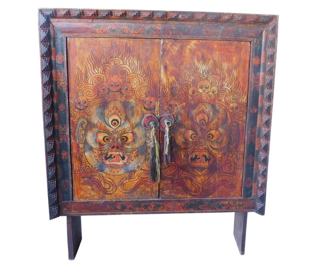 Antique Tibetan Offering cabinet .  Hand painted double Door. (1 of 8)