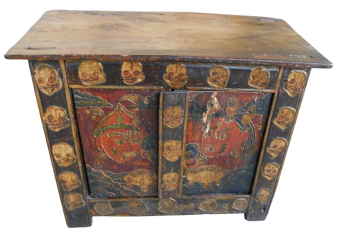 Tibetan Hand Painted & Carved Wood Offering Cabinet (1 of 5)