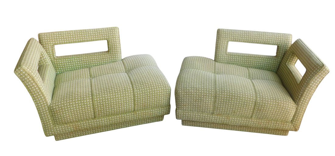 Grosfeld House Hollywood Regency Matching Sofas: Grosfeld House Hollywood Regency style set of matching sofas / settees. Configure these two pieces numerous ways. Original tags on bottom. Upholstery is fine point square on square upholstery in great