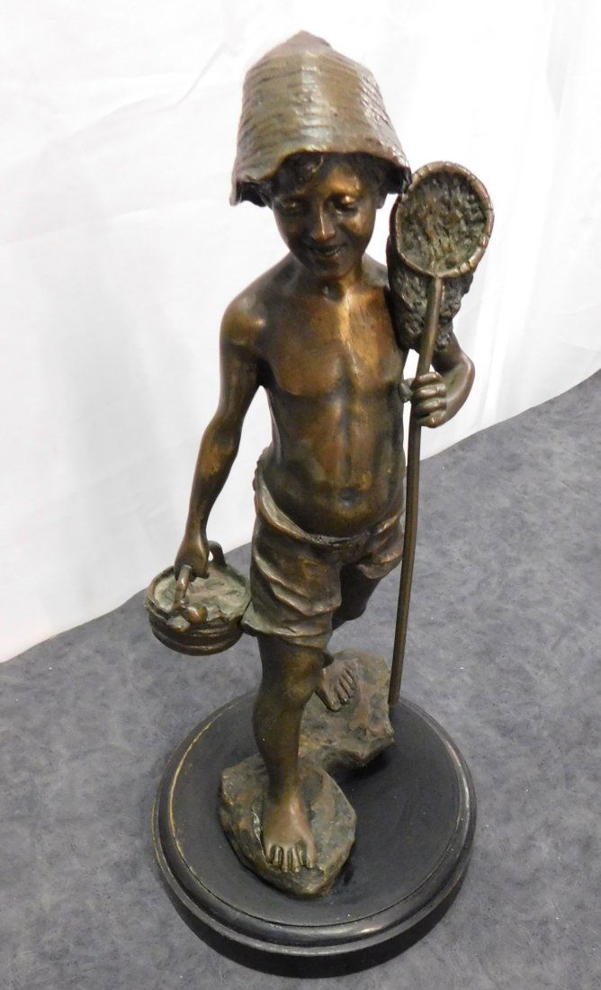 Signed Bronze Sculpture, Young Boy: Signed Bronze Statue of young boy with fishing net. Sits on black base that has a hole for lamp Stem. Signed MAR IIV Dimensions: Overall Height 16.5 inches. Statue height 15 inches x 8 inches diameter