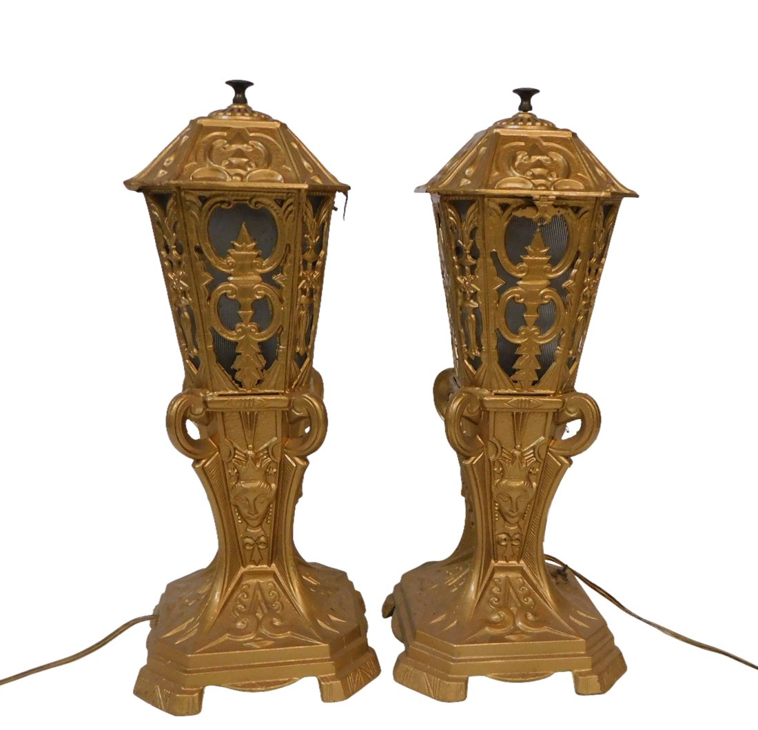 Gold Painted Metal & Glass Gothic Revival Aesthetic Lamps: Gold Painted Metal & Glass Gothic Revival Aesthetic Lamps Dimensions 16 inches high x 6.5 inches wide x 6.5 inches deep at base Condition : Please feel free to ask for a condition report. Expand photo