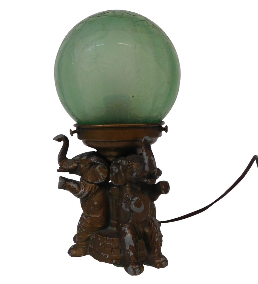 Art Deco Spelter Elephant Lamp Crackle Glass Shade (1 of 4)