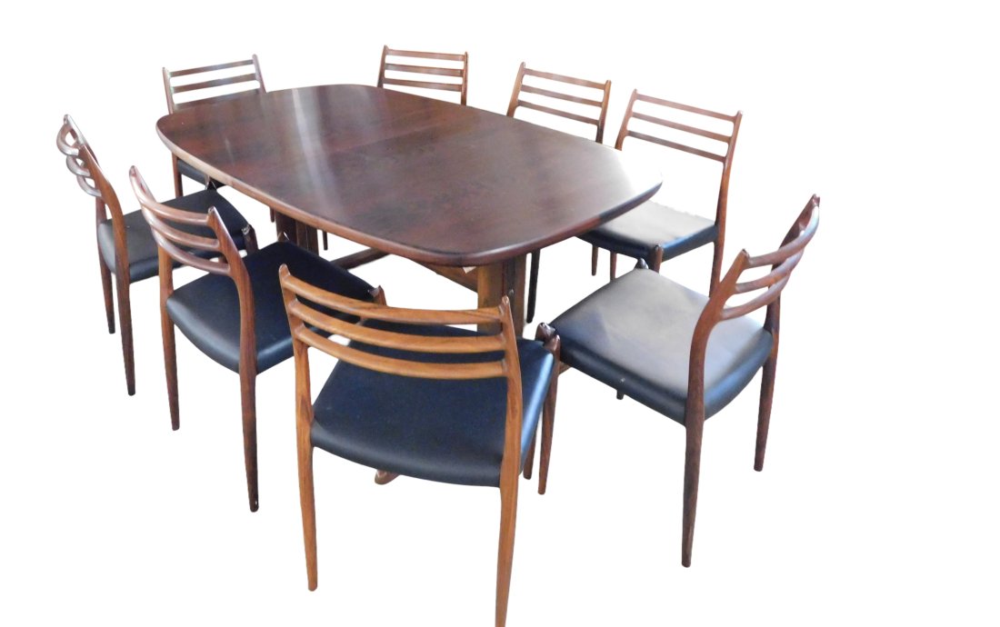 Niels Otto Moller Dining Chairs and Table: MCM Table & 8 N.O. Moller Teak Dining Chairs .. Upholstered black *leather like*.... style upholstered seats. Trestle Style Table with 2 leaves. Great Condition. Signed. Dimensions Table measures 65 i