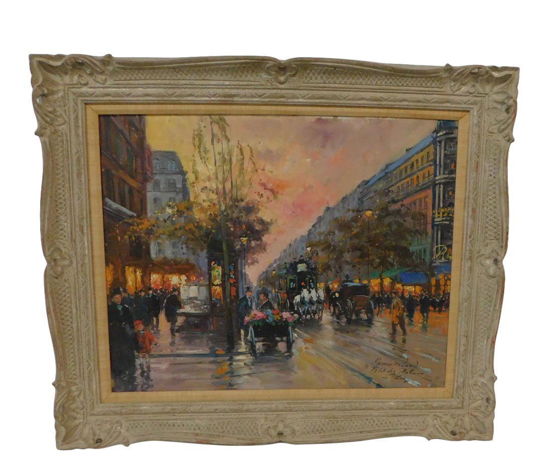 Original Paris Scene Signed Painting Style of Edouard Cortes: Original Paris Street scene oil on canvas painting. Signed in the style of Edouard Cortes Dimensions:38 inches wide x 32 inches high. Art measures 29 inches x 3 inches Condition : Please feel free to