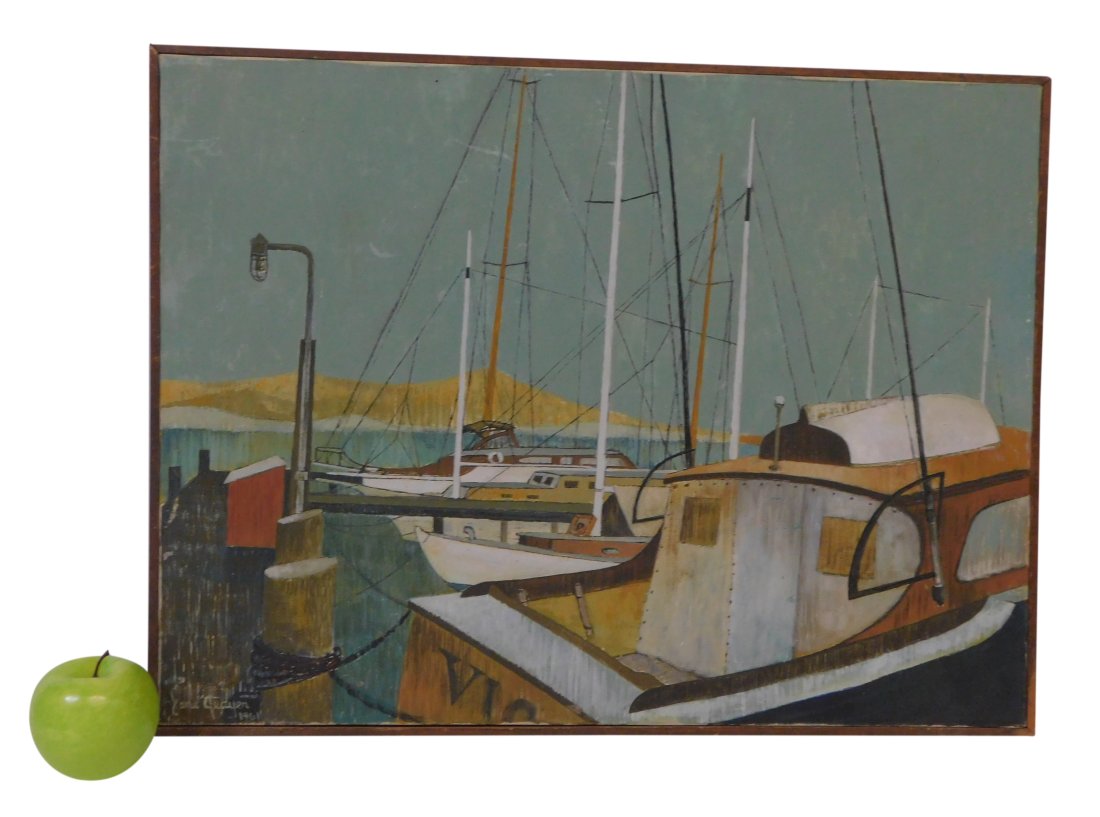 Jane Geayer Signed Original Painting: Jane Geayar oil on canvas original painting titled Dock side from 1961. Dimensions: 24.5 inches wide x 18.5 inches high. Art Measures 24 inches x 18 inches Condition : Please feel free to ask for a co