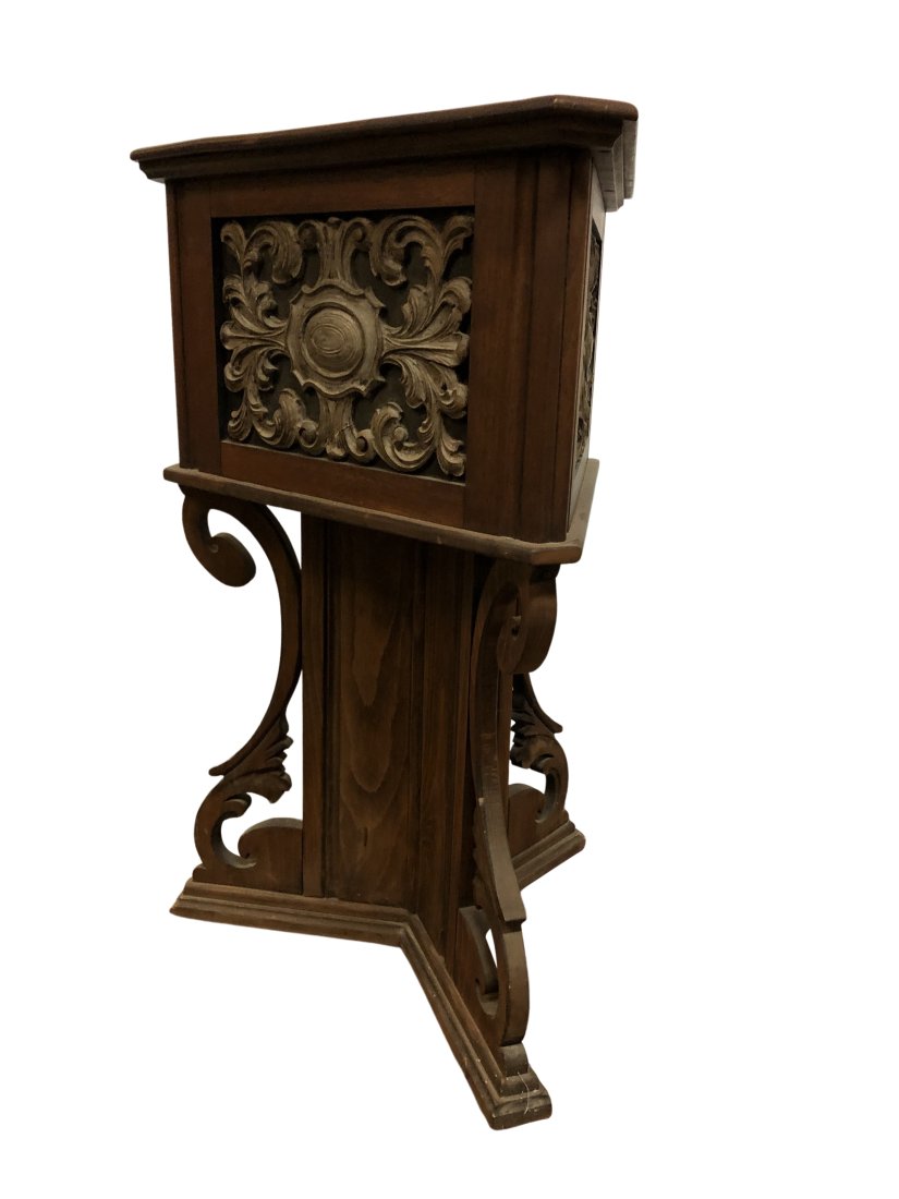 Vintage Copper Lined & Carved Wood Triangular Smoking Stand (1 of 5)