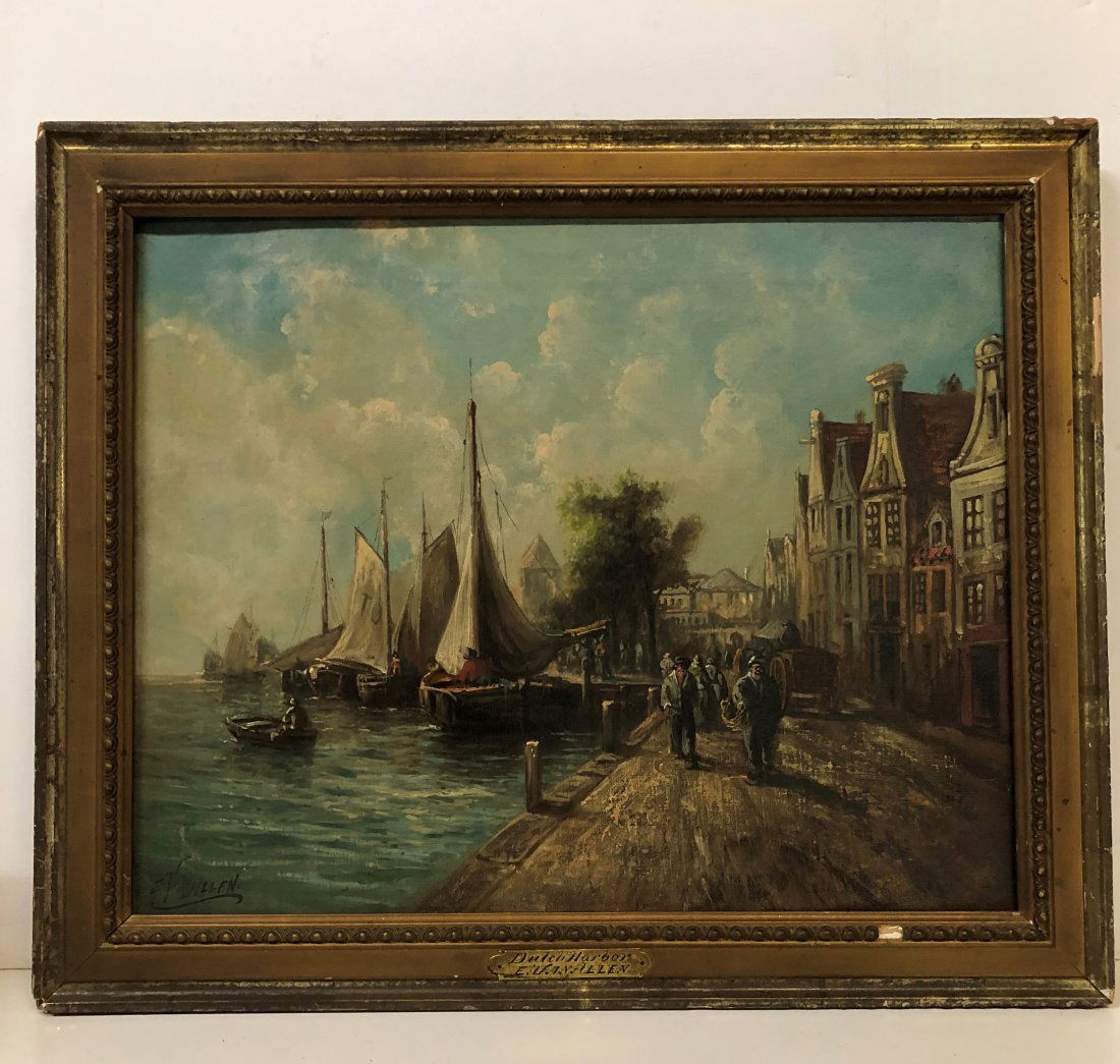 Dutch Harbor Water Painting signed e. Van Allen (1 of 6)