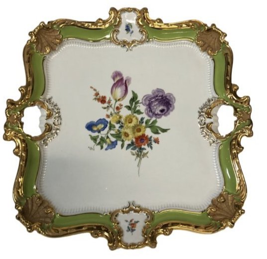 Fine Meissen Germany Square Gold Trim & Tray: Meissen porcelain gold and floral square 2 handle tray Circa 1920. signed Dimensions: 16 inches x 16 inches. our handle to outer handle. Condition :This item was checked under UV light. No repairs or 