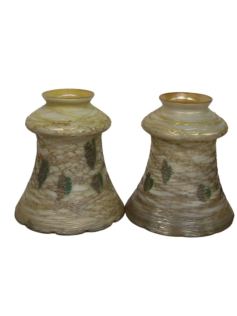 Antique Lustre Art Aurene & Calcite Signed Shades Pair Circa 1905: Beautiful Antique Lustre Art Aurene & calcite with Gold Iridescent threading Criss crossing shade. Pair. Circa 1905. signed on fitter Dimensions: 5.75 inches high x 5 inches diameter opening with 2 in