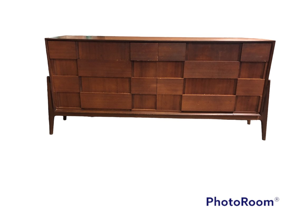 J. Clausen Brutalist Dresser: J Clausen for Brande Mobelfabrik mid-century modern brutalist dresser in teak, made in Denmark. top needs some attention shows wear. Dimensions: 74.75 inches wide at top, 82.5 inches wide at base. 20