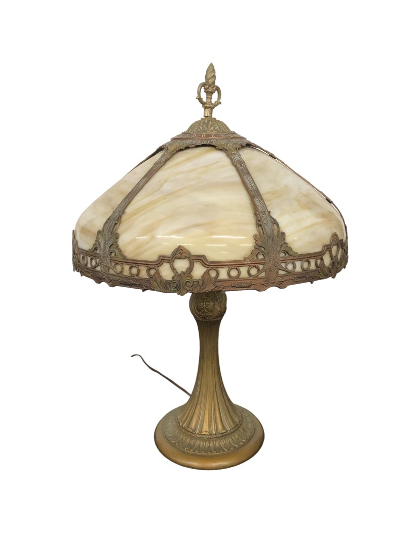 Antique Arts & Crafts Slag Glass Lamp with Dome Shade: Antique Arts & Crafts Bradley & Hubbard style l Slag Glass Table Lamp c1920 with dome shade Dimensions:24.5 inches high x 16 inches diameter at bottom of shade. 8 inch diameter base. Condition : Very