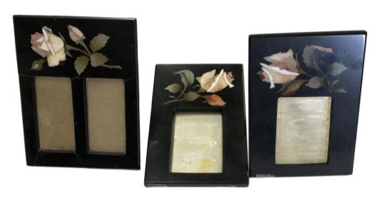 Pietra Dura Firenze Italy Collection Picture Frames: Pietra Dura of 3 Collection Picture frames. One does not have Leg for stand, One has visible repairs picture Frames. 2 marked on back Firenze Italy. Dimensions: 6 x 4 inches & ^.5 inches x 5 inches Co
