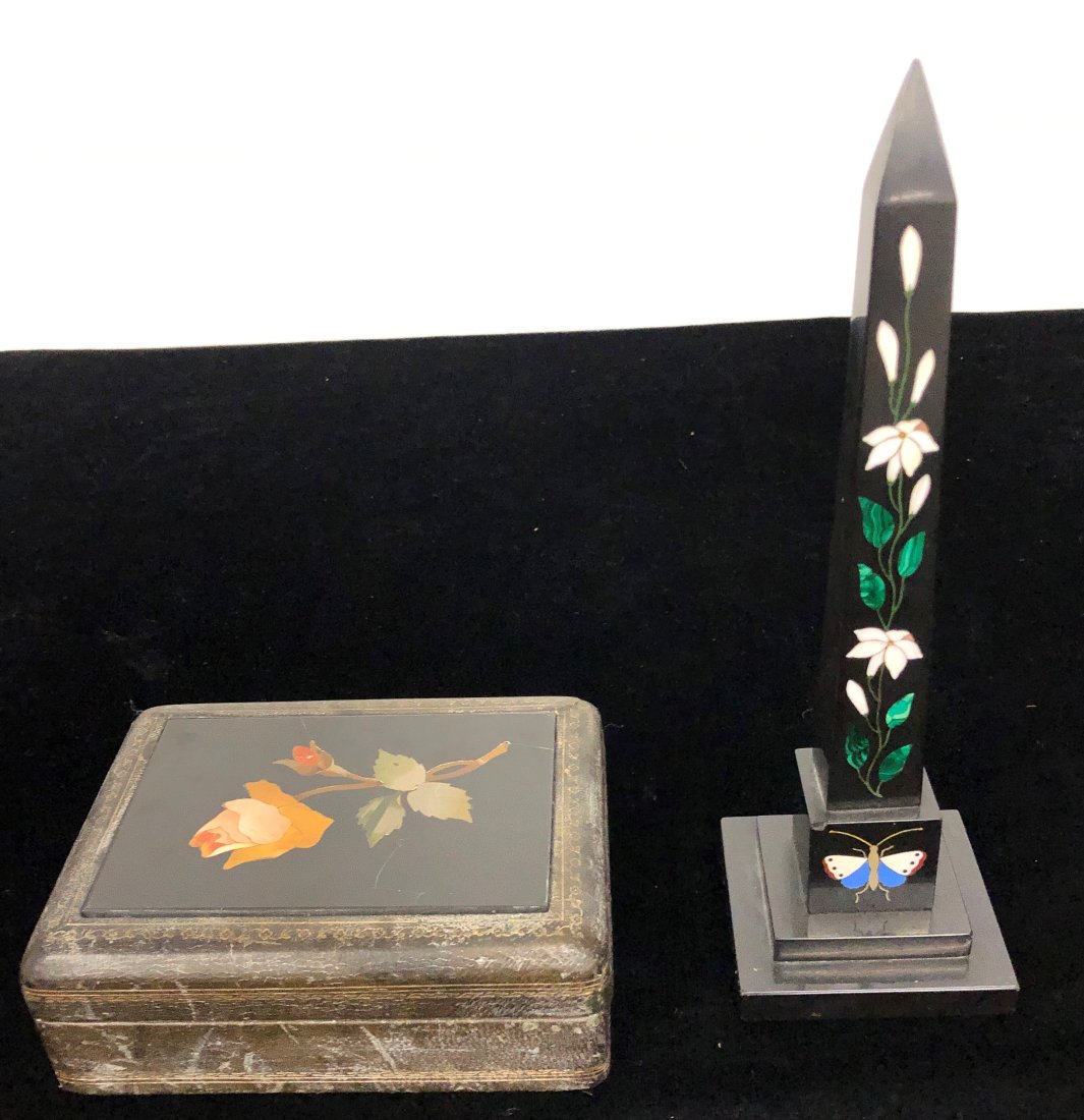 Pietra Dura Obelisk & Trinket Box: Pietra Durra Obelisk & Trinket Box. Obelisk has flowers and a small butterfly at base. Trinket Box rose top with leather trim and wood interior. Leather in need of attention Dimensions: Obelisk 9.5 in