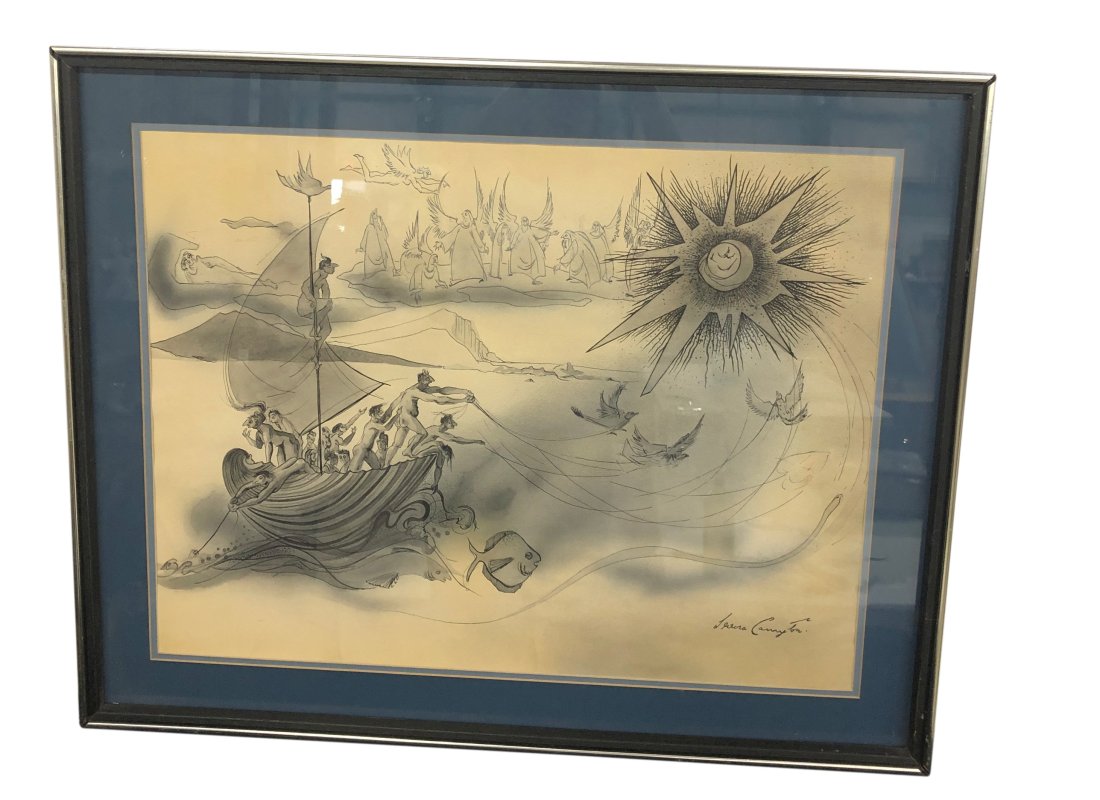 Lenora Carrington Ink & water Color Painting: Leonora Carrington (1917-2011), watercolor, pen and ink, . N0 provenance available. Dimensions: 31 inches wide x 25 inches high. Visible art measures 25.5 inches w ide x 19 inches high Condition : Ver