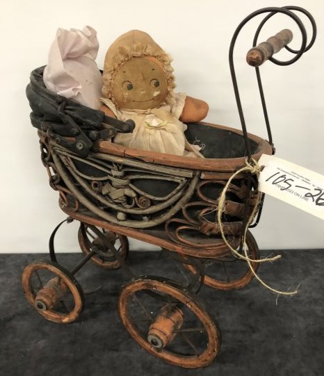 Cloth Kewpie Doll & Coach: Cloth Kewpie Doll & Coach. Authentic Kewpie Doll, reproduction of antique coach. These dolls are from a personal collection from a local estate. They were collected over last 60 years from all over th