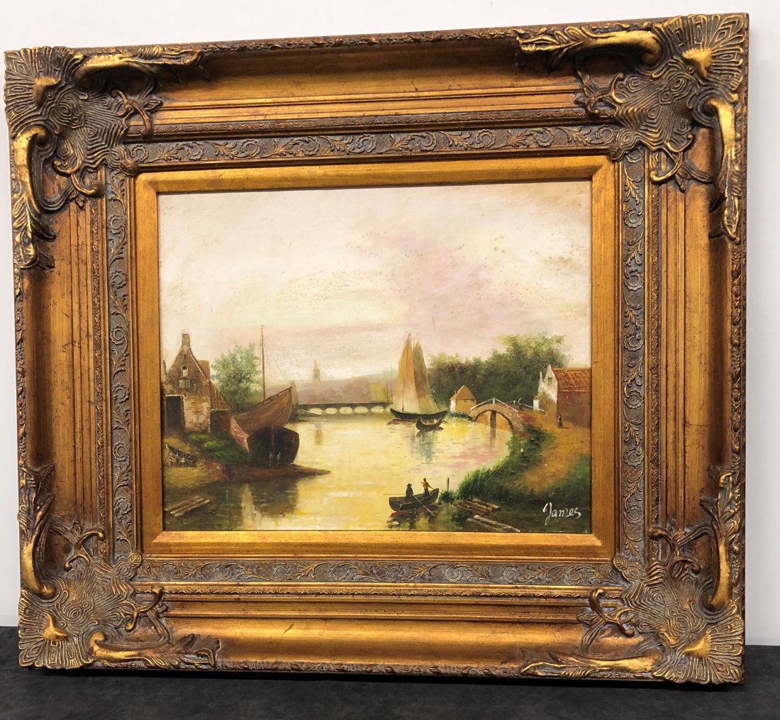 MCM Original Oil on Canvas Waterscape Painting, Signed James (1 of 5)