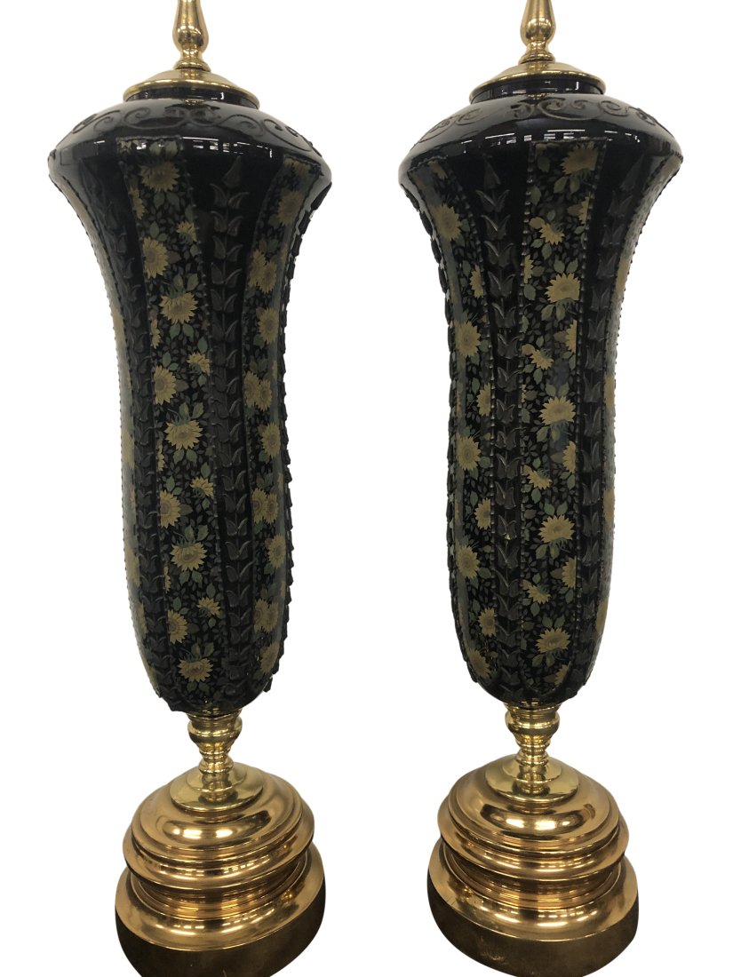 Hand Painted Bohemian Glass lamps - Pair (1 of 3)
