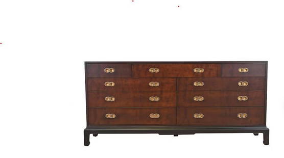 Henredon Far East Collection By Michael Taylor Low Chest: Michael Taylor for Henredon Mid-Century Hollywood Regency Mahogany Dresser. Signed in drawers and on back. 9 drawers. Dimensions: 70 inches wide x18 inches deep x 33 inches high Condition : Expand pho
