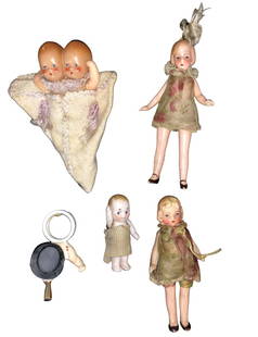Miniature Bisque & Composition Doll Collection: Collection of 5 miniature dolls . Bisque and composition . also a happy new years candle ring These Dolls come from a local estate. Her collection spans over 50 years and dolls from all over the world