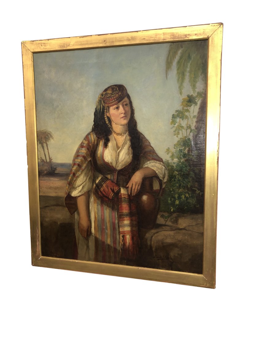 Lionel J. Cowen Original Oil Painting from 1868: Lionel J Cowin Signed oil painting from 1868 of woman standing I with a water jug with water in back ground. Signed lower right Dimensions:27.5 inches wide x 34 inches high. Visible art measures 24 in