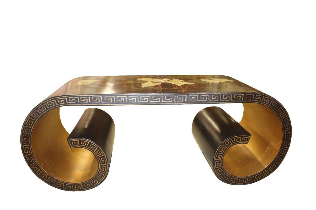 Asian Mid-Century Scroll Coffee Table with Red-Crown Cranes (1 of 8)