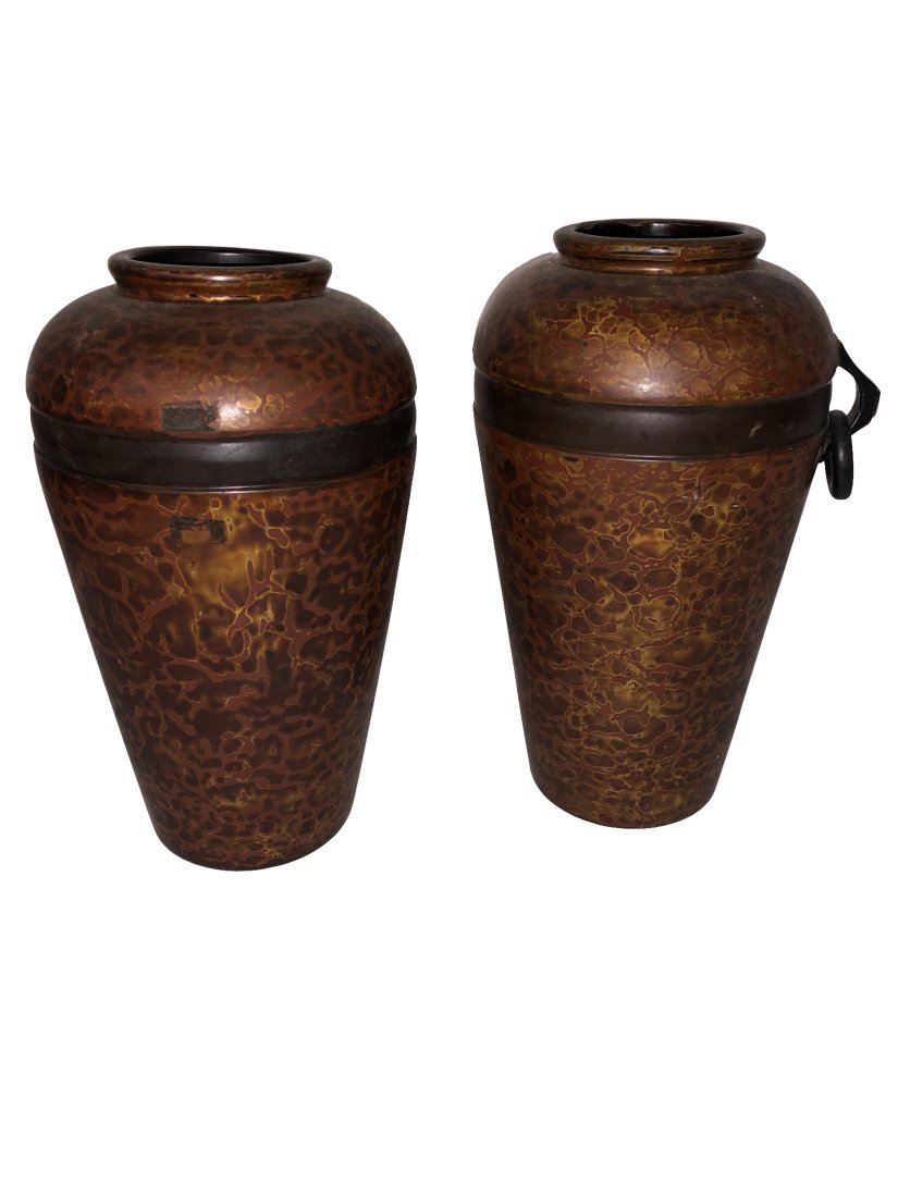 Lacquered Wood Vase in the Manner of Marcel Wolfers: Pair of Laquered wood Vases. In manner of Marcel Wolfers. Each vase is missing one handle, otherwise these are in very good condition Dimensions: 8.5 high x 4.5 inches in diameter Condition : Expand p