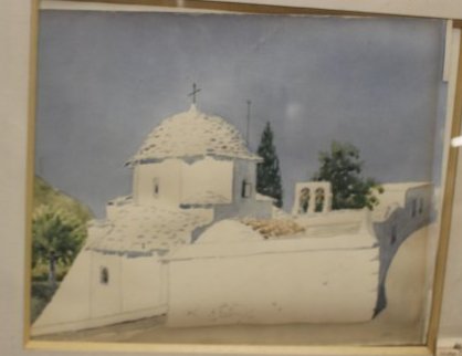 Charles Baskerville signed Watercolor: Charles Baskerville "Church of the Virgin Mary the Saving" Ratmos in Greece. Has provenance . Purchased from Far Galleries NY in 1970 for $1250. Dimensions: 20.75 inches x wide x 18.25 inches high. Vi