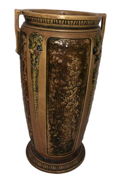 Roseville Florentine Double Handled Urn- Umbrella Stand: Roseville Florentine double handled urn / Umbrella Stand. Overall very good condition. No cracks chips or nicks stamped on bottom Dimensions: 20.5 inches high x 9 inches in diameter at base. 11 inches