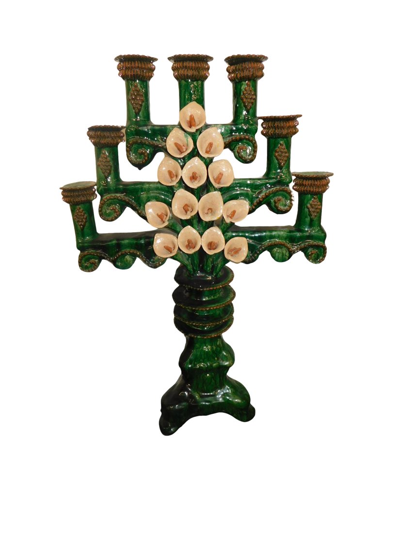 Mexican Majolica Folk Art Green Glazed Candleabra: Mexican Majolica Folk Art Green Glazed Candleabra Dimensions: 26" High x 17.25" Wide x 7.5" deep. Beautiful Candleabra. Condition: There is a chip on the back of one of the candleholders not visible f