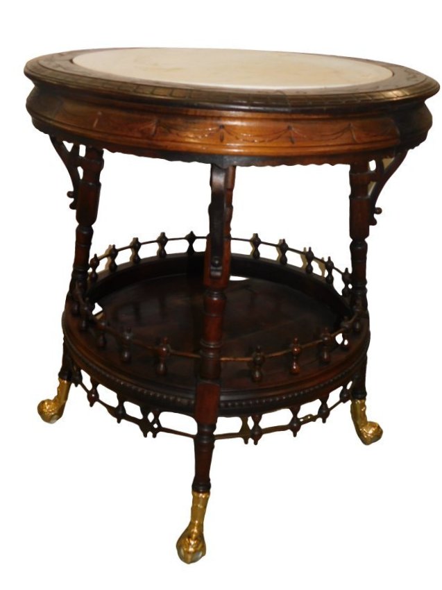 Carved Round Marble Top Wood Table (1 of 2)