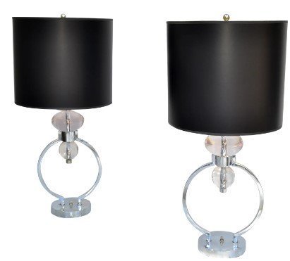 Van Hivo Teal Pair Lucite Table Lamps: Pair of Van Teal Mid-Century Modern transparent geometric shaped Lucite pieces stacked Table Lamps with circle Chrome Core. Includes Black Drum Shades. Dimensions:14 inches W × 14 inches deep × 30 i