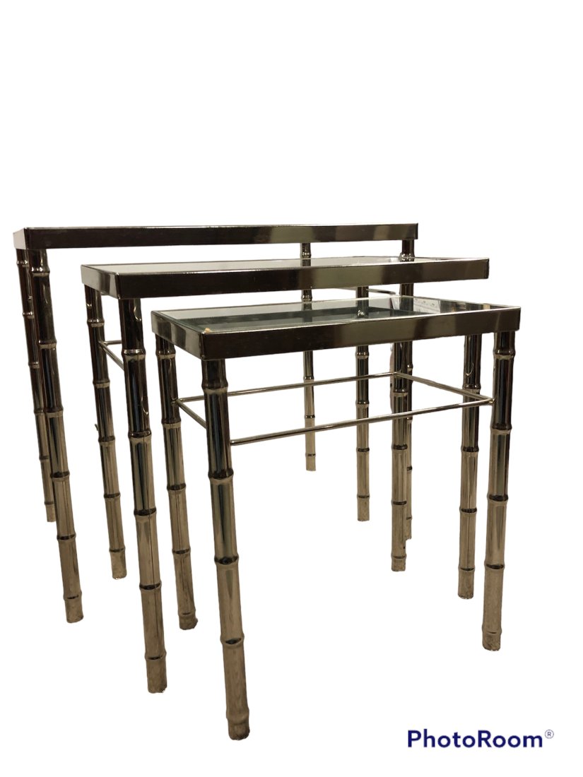 Set of Three Chrome & Glass Bamboo Nesting Tables (1 of 4)