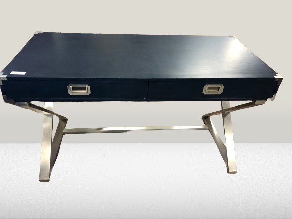 Modern Campaign Style Desk: Campaign Desk by coastal living. vibrant Marina hue, the Escape Postcard Writing Table by Coastal Living Home Collection by Universal Furniture features two spacious drawers, a sleek crisscross design