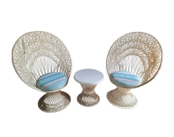 Russell Woodard Pair Spun Mid Century Modern Fan Chairs + Small Table