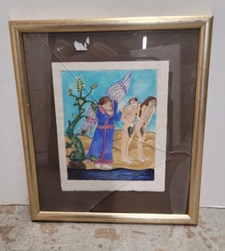 Signed Adam & Eve In The Garden Watercolor