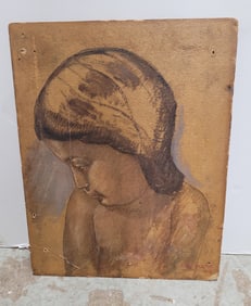 Signed Watercolor on Board Woman Head
