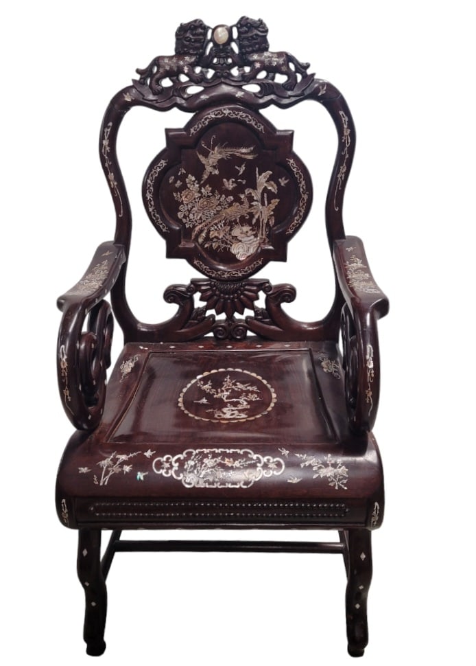 Mother of Pearl Chinese Vintage Rosewood Chair: Mother of Pearl inlaid Chinese vintage rosewood armchair. Measures 21 wide by 21 deep and 42 inches tall. Good condition