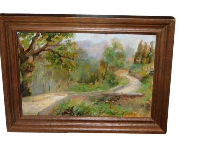 Impressionist Landscape - French or Italian: Beautiful landscape believed to be French or Italian.Board only measures 8.5" wide x 6" tall. The measurements with the frame is 10.25" wide x 7.75" high x .90 deep