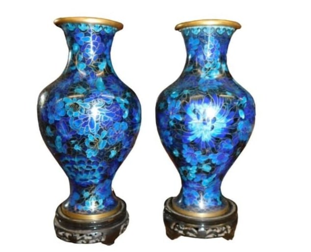 Pair of Vintage Chinese Champlevé Enamel Vases on Stand with Floral Motifs (1 of 1)