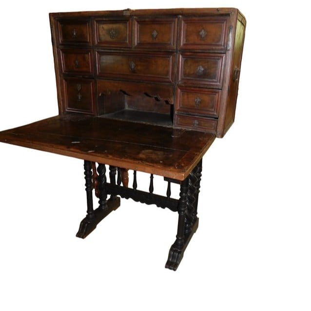 Spanish Revival Desk: Period Spanish Revival Desk measuring 57" high x 37.75" wide x 15: deep. With desk down the width is 34" wide.